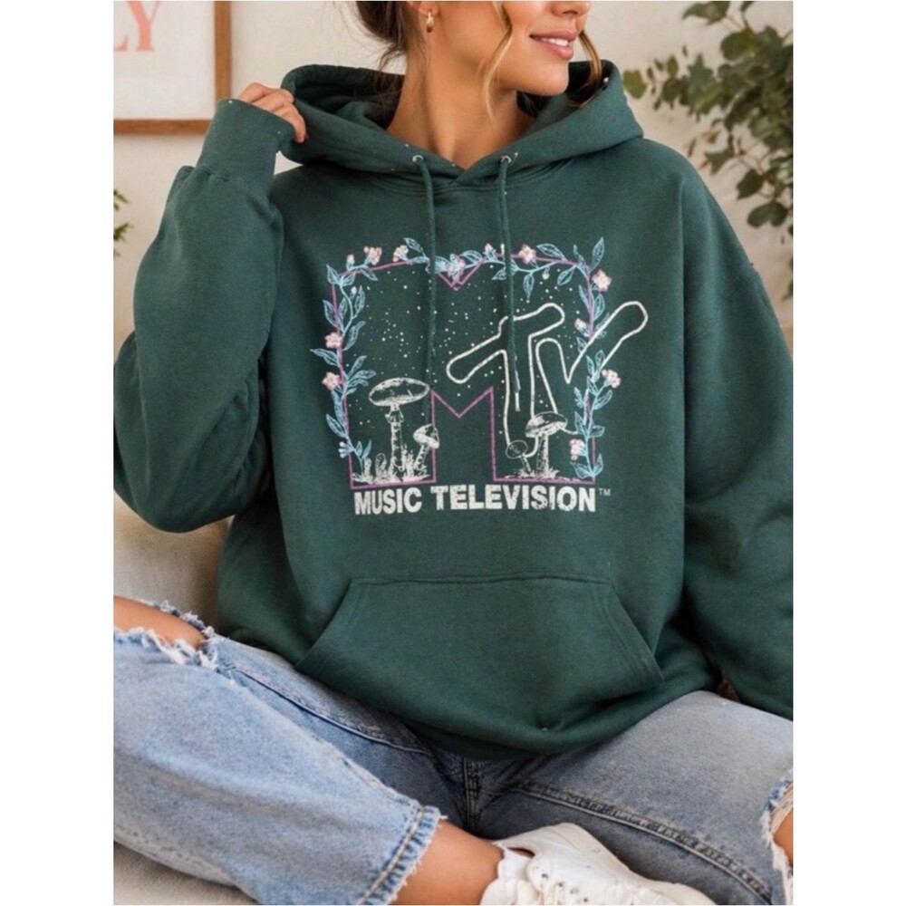 MTV Floral Logo Hoodie Green Pullover Relaxed Fit Women’s Sweatshirt Graphic L